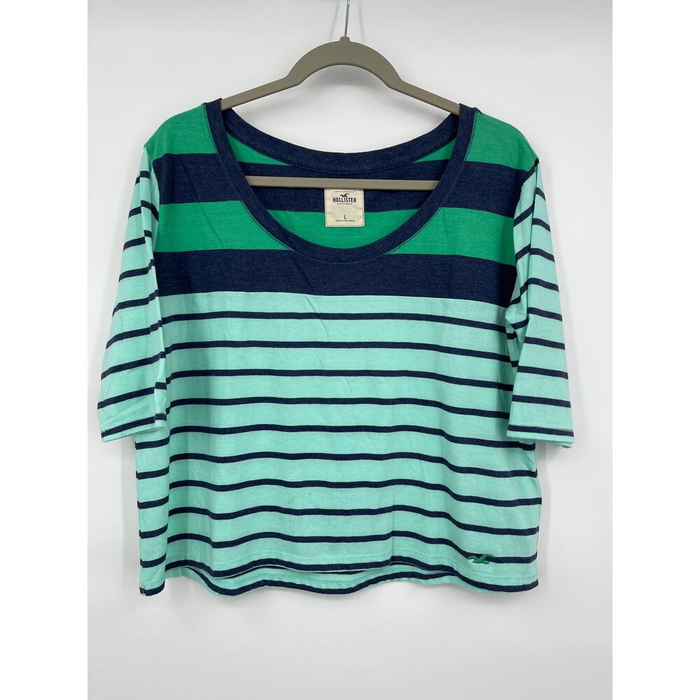 Hollister Womens Blue Green Striped 3/4 Sleeve Round Neck Shirt Top Large - Picture 7 of 8